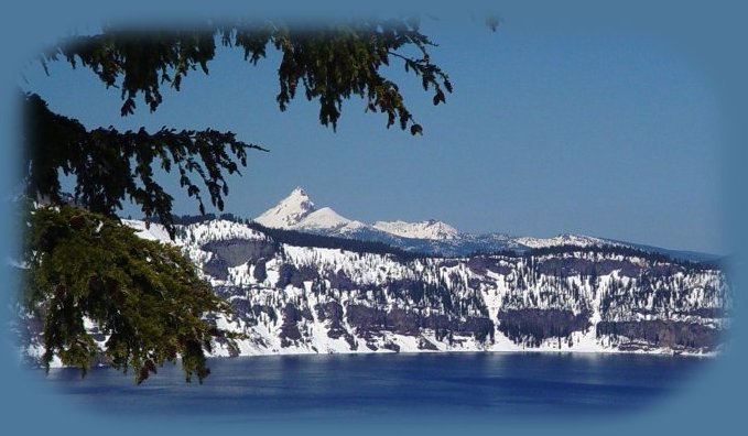 Mt Thielsen in winter viewed from Crater Lake National Park in the cascade mountains of oregon. hiking trails, hikes, vacation spots, mountains, pacific ocean, oregon coast, california coast, redwoods, national parks, national monuments, national wildlife refuges, oregon high desert, oregon outback, warner mountains, california, steens mountain; hiking trails, camping facilities, scenic byways in oregon, california.