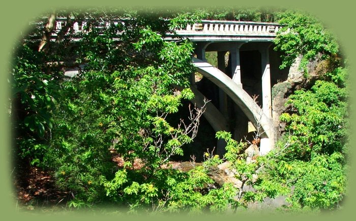 mill creek bridge and the avenue of giant boulders in prospect, oregon just off the crater lake highway.